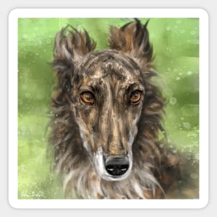 Painting of a Gorgeous Silken Windhound Brindle Coat Brown Red White on Green Background Sticker